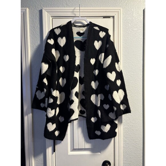 Maeve Anthropologie Halley Hearts Cardigan Black White Medium Large Cozy Sweater - Picture 2 of 8